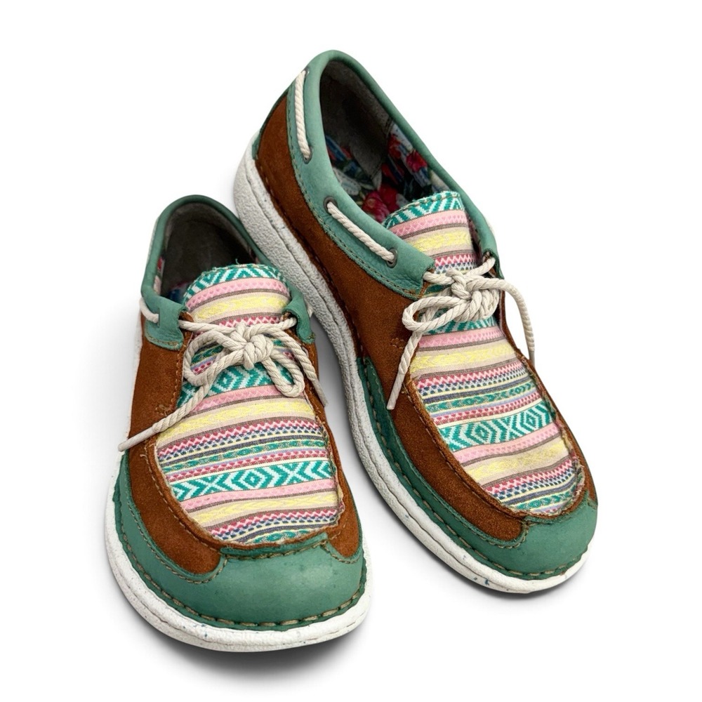 JUSTIN Womens 7M Boatie Shoes Leather Canvas Aztec Boho Hippie Southwest Flats